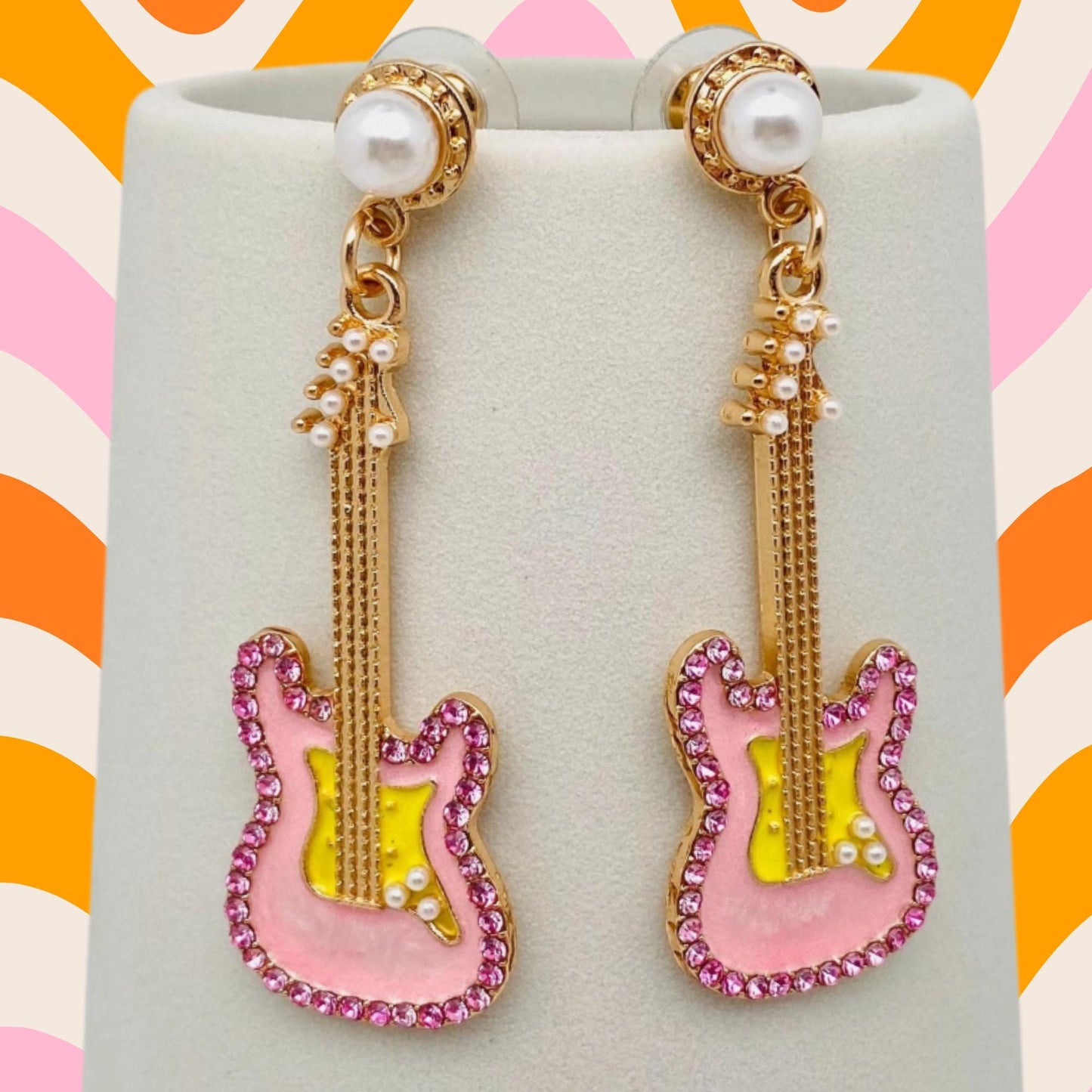 Pink Rhinestone Enamel Guitar Post Earrings with Pearl Studs, Rock n Roll, music, hippie, funky