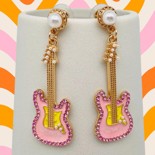 Pink Rhinestone Enamel Guitar Post Earrings with Pearl Studs, Rock n Roll, music, hippie, funky