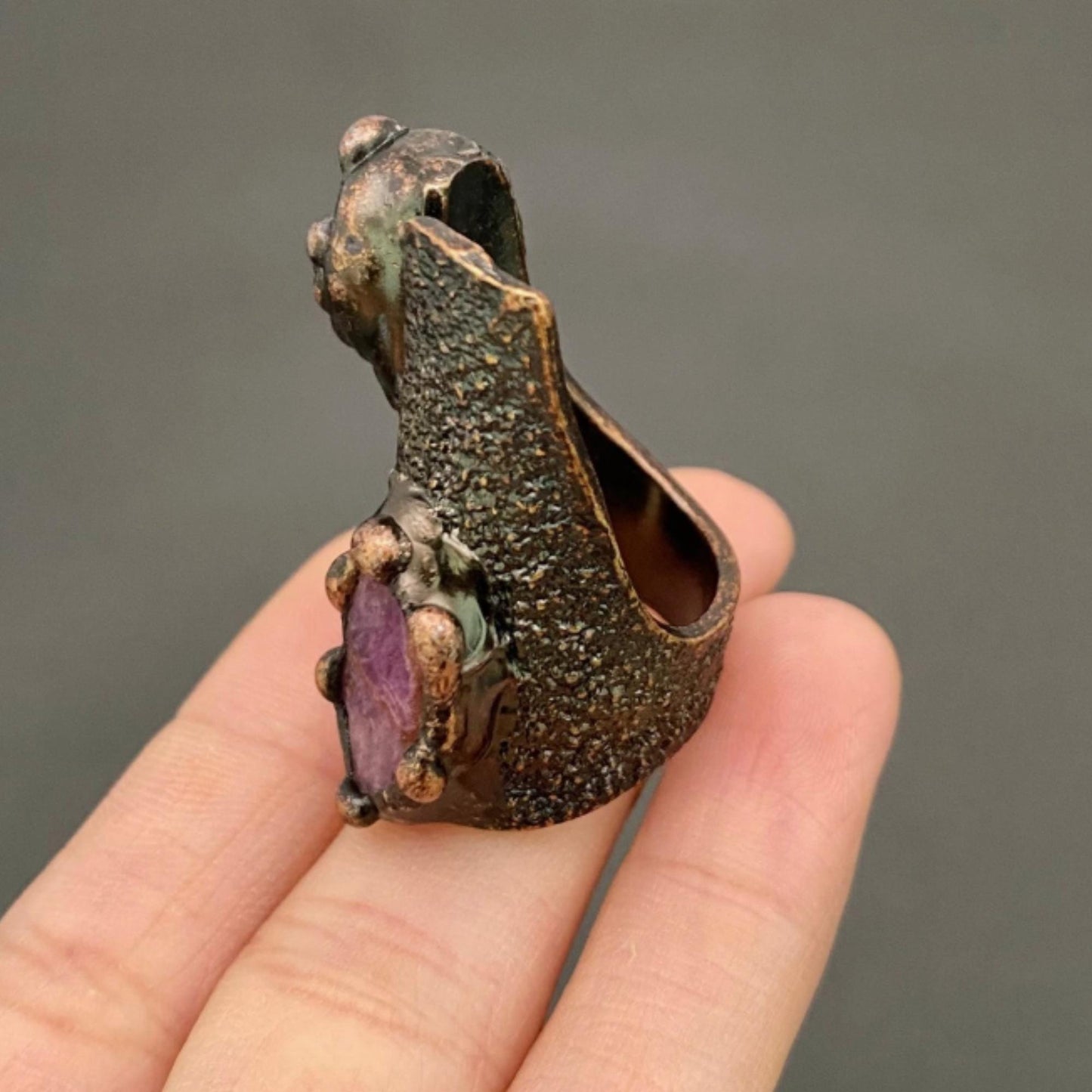 labradorite & Rhodonite Crystal copper Adjustable Ring, large statement piece
