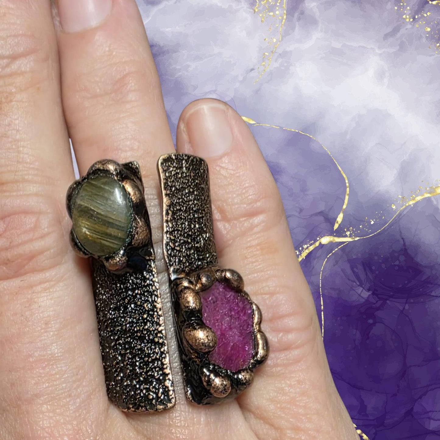 labradorite & Rhodonite Crystal copper Adjustable Ring, large statement piece
