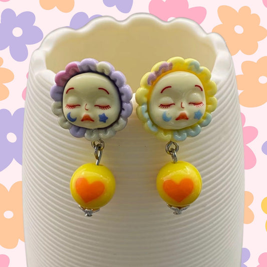 flower face, sunflower, doll, earrings, retro, vintage reproduction, star and moon