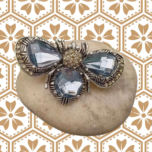 Crystal Bee Brooch with Rhinestones, silver and smoky blue, bumble bee
