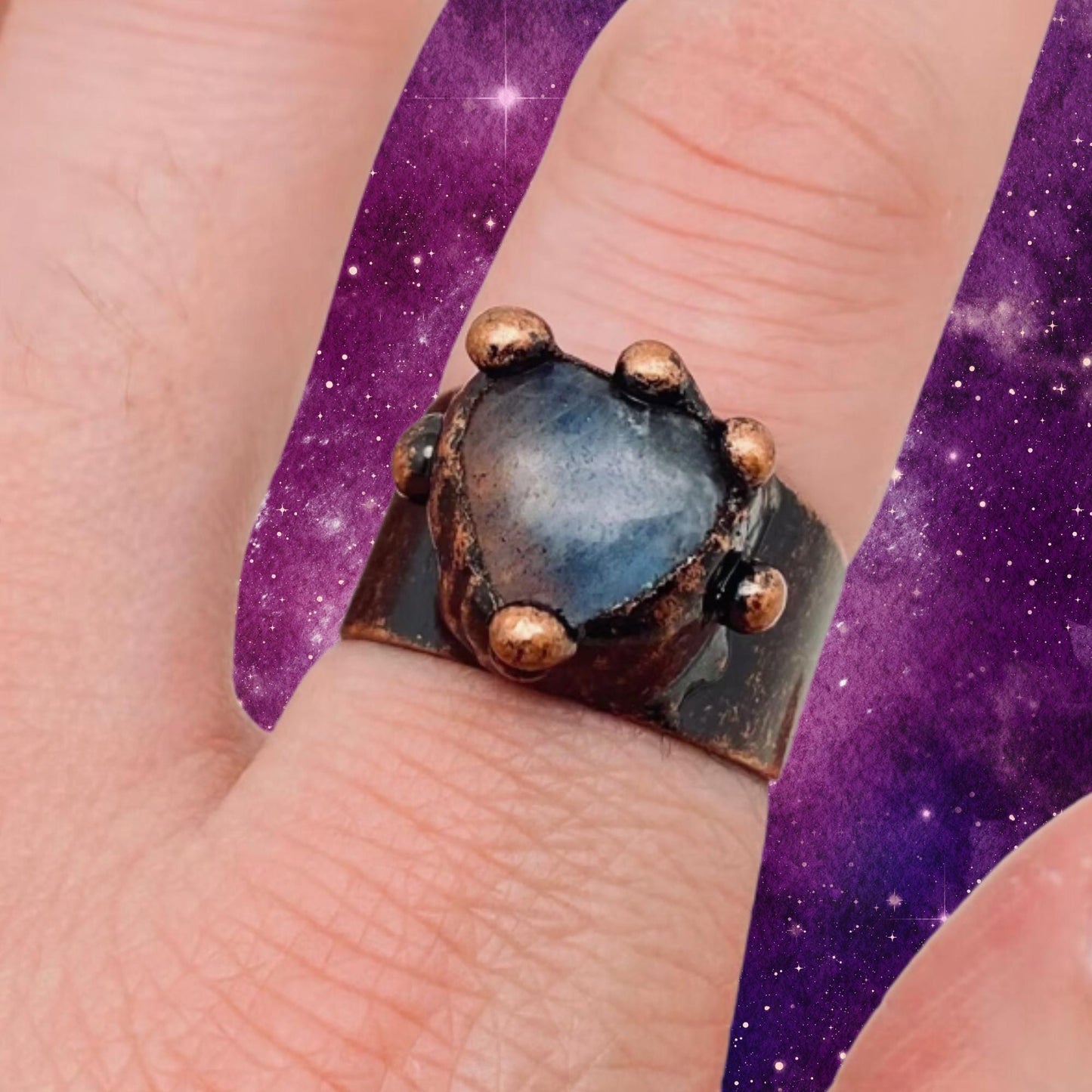 Vintage inspired Natural Moonstone Heart Shape Adjustable Ring, copper