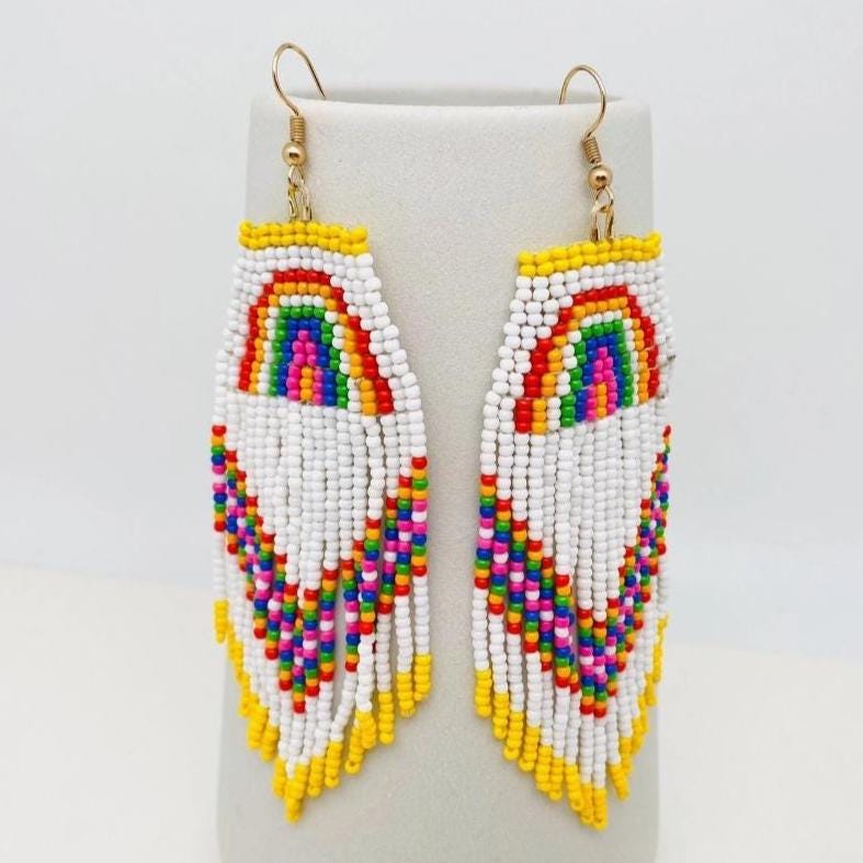 Retro Rainbow, seed bead fringe earrings