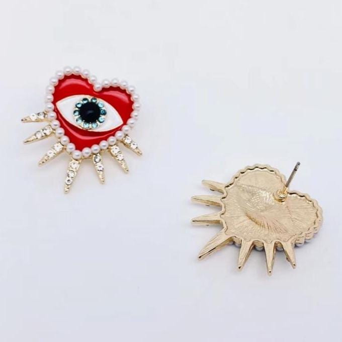 Trippy retro third eye, devils eye post statement earrings, oversized, red enamel, rhinestone pearl