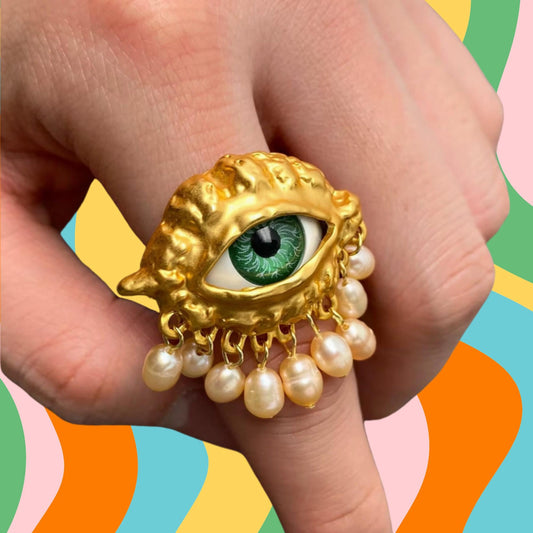 Pearl Fringe Evil Eye Matte Gold Plating Adjustable Ring
