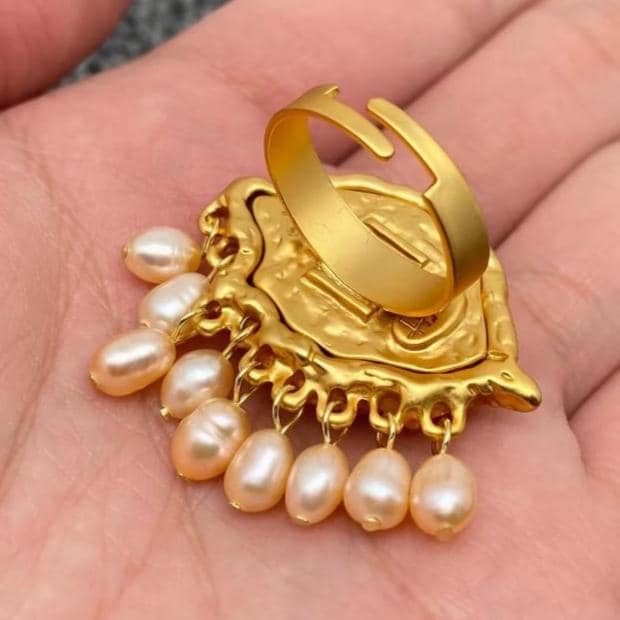 Pearl Fringe Evil Eye Matte Gold Plating Adjustable Ring