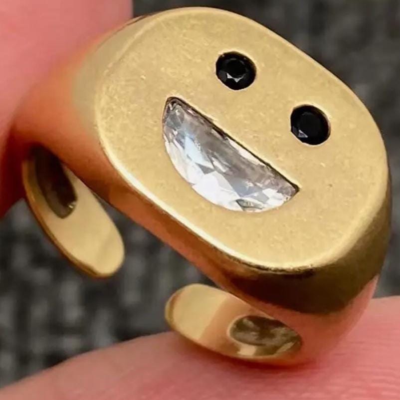 Smiley face Statement ring, gold and Cz with enamel, adjustable