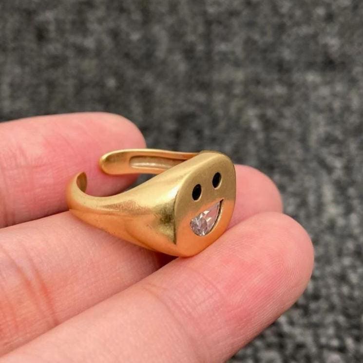 Smiley face Statement ring, gold and Cz with enamel, adjustable
