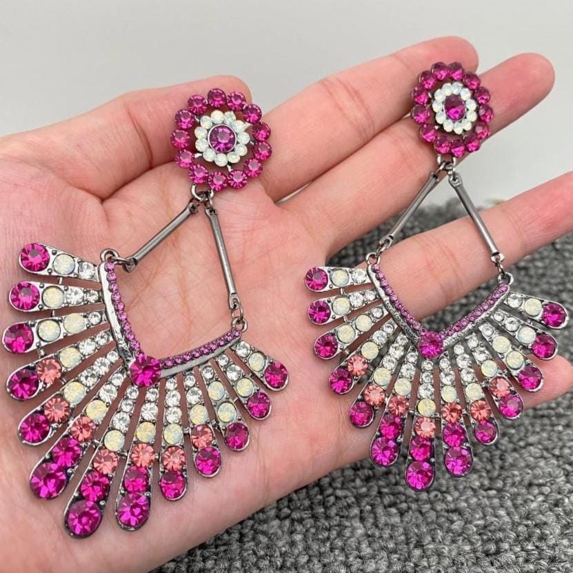 Sparkling Pink Large Scalloped Rhinestone Dangle Earrings