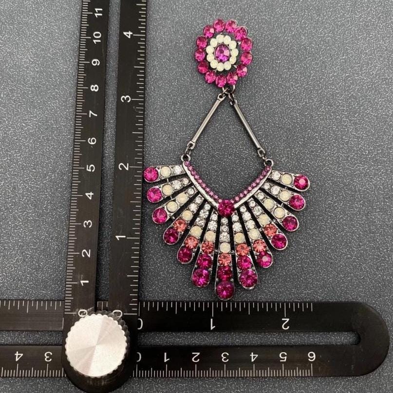 Sparkling Pink Large Scalloped Rhinestone Dangle Earrings