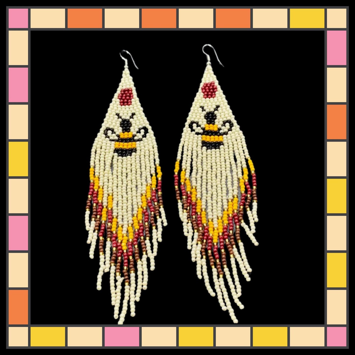 Retro bumble bee, seed bead fringe earrings