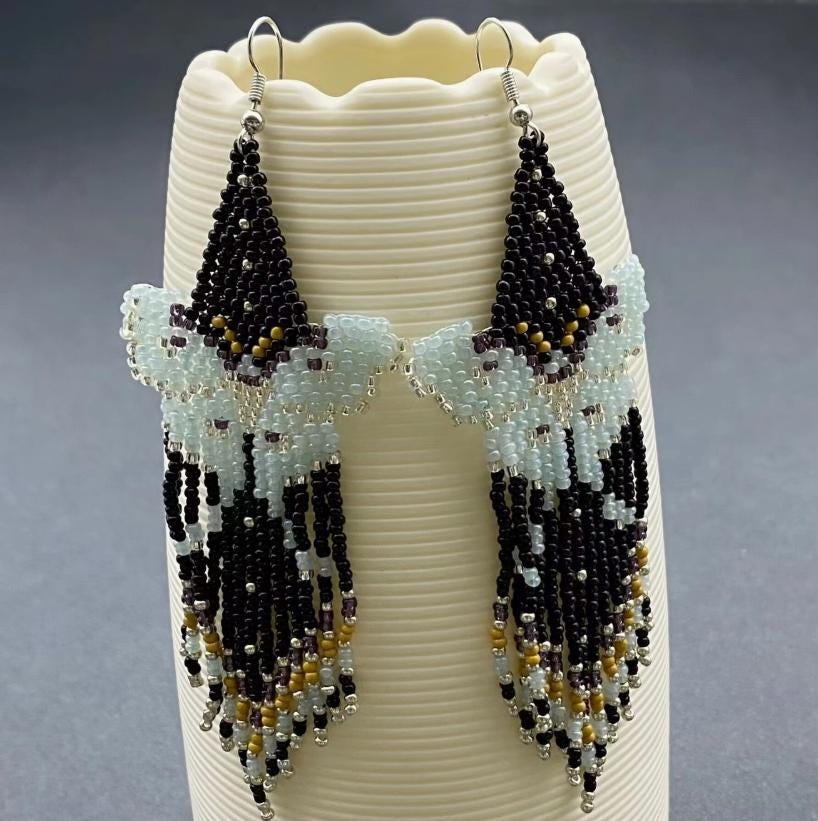 Retro butterfly, moth, bohemian, seed bead fringe earrings