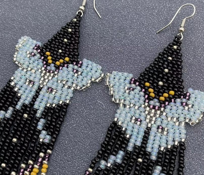 Retro butterfly, moth, bohemian, seed bead fringe earrings