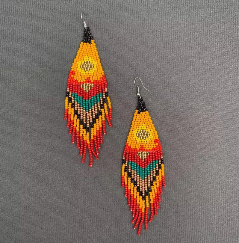 retro sun, bohemian, seed bead fringe earrings