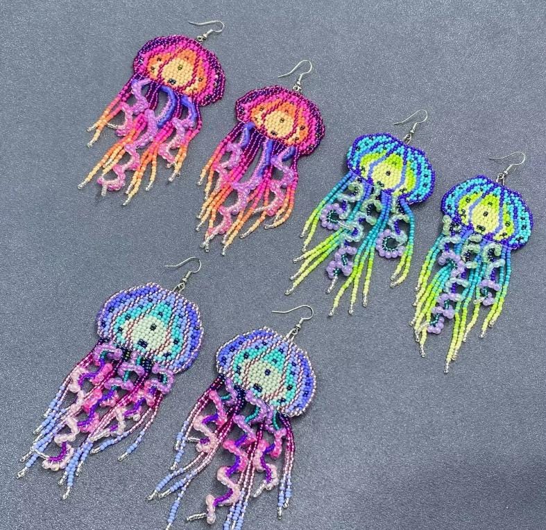 Pink and purple jellyfish bohemian, seed bead fringe earrings