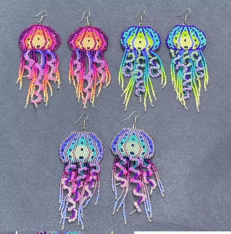 Pink and purple jellyfish bohemian, seed bead fringe earrings
