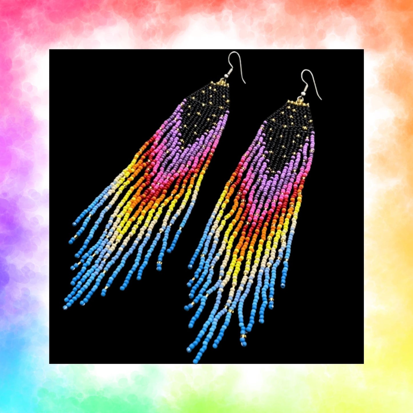 retro, bohemian, colorful, rainbow seed bead fringe earrings
