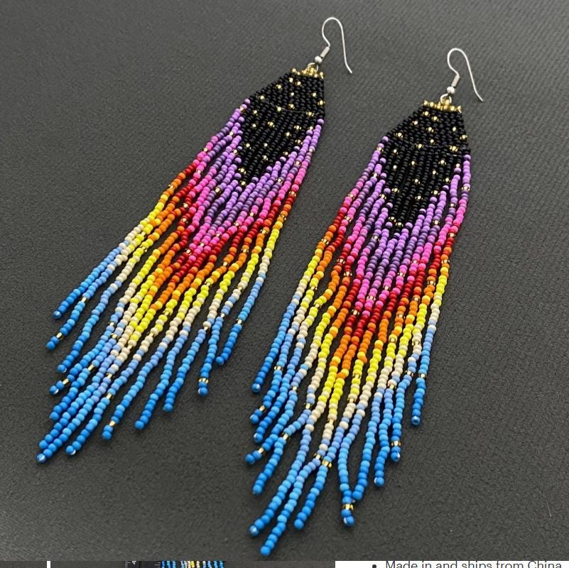 retro, bohemian, colorful, rainbow seed bead fringe earrings