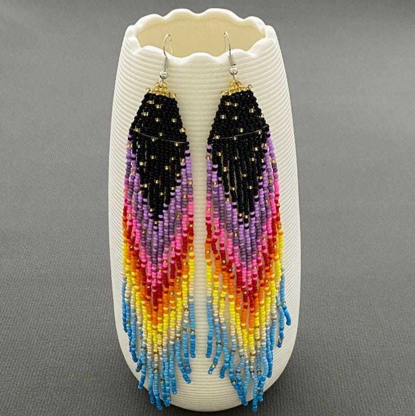 retro, bohemian, colorful, rainbow seed bead fringe earrings