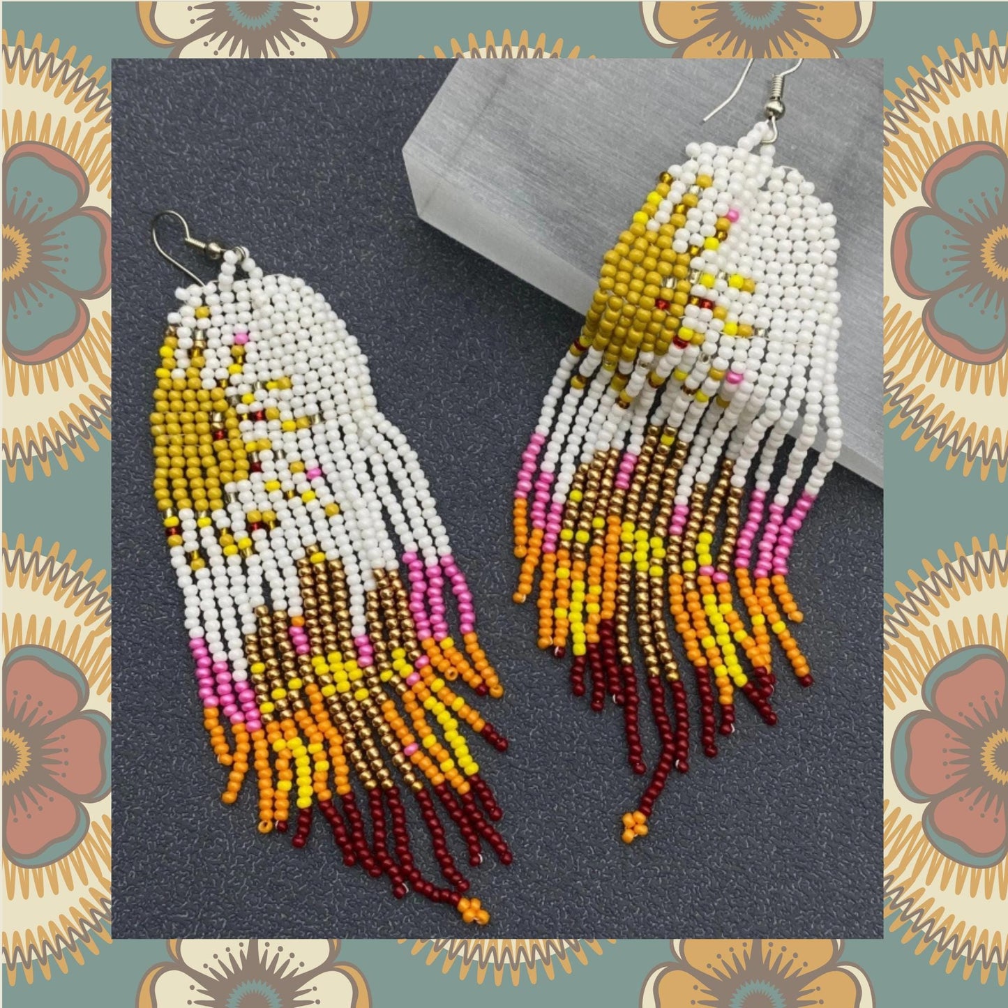 Natural see bead fringe earrings, boho statement earrings, long beaded fringe, western jewelry, sunset color, gift for her