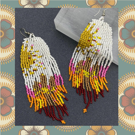 Natural see bead fringe earrings, boho statement earrings, long beaded fringe, western jewelry, sunset color, gift for her