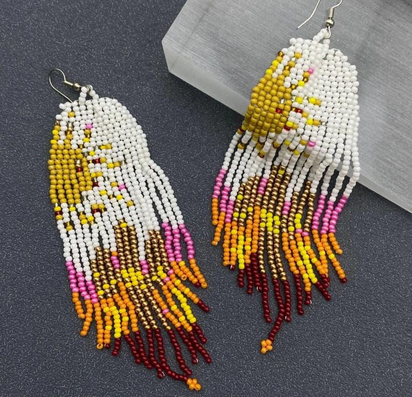 Natural see bead fringe earrings, boho statement earrings, long beaded fringe, western jewelry, sunset color, gift for her