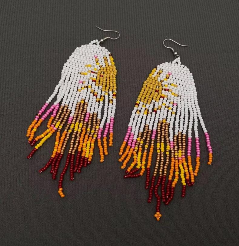 Natural see bead fringe earrings, boho statement earrings, long beaded fringe, western jewelry, sunset color, gift for her