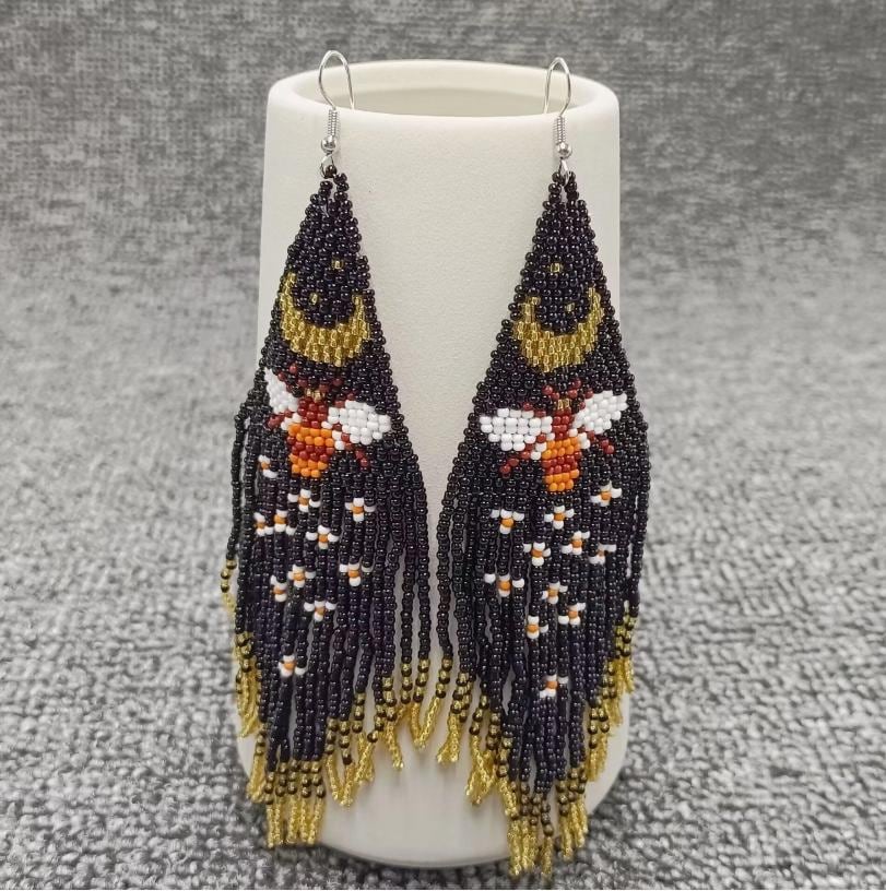 Celestial moth fringe earrings, moon phase boho earrings, beaded statement earrings, witch jewelry, long seed bead earrings, bee, moon