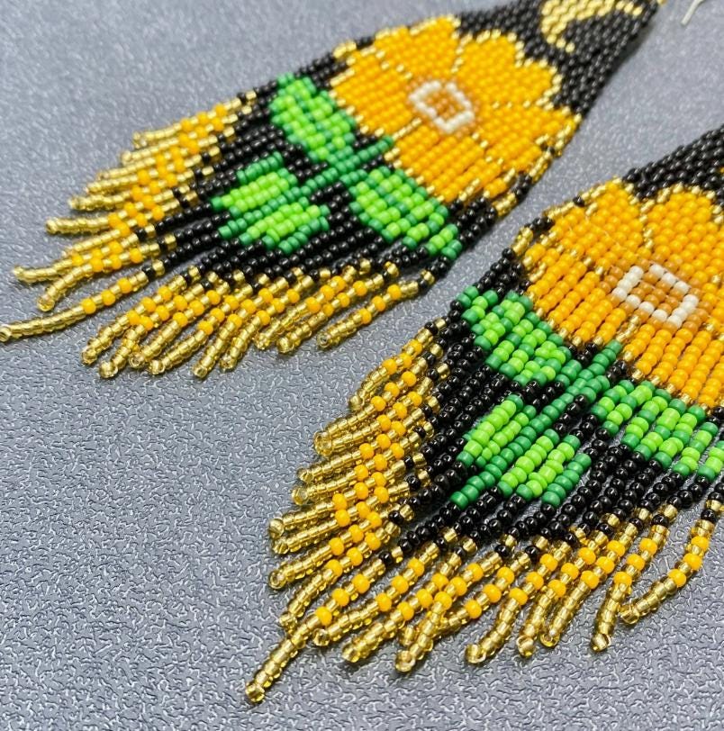 floral seed bead fringe earrings, boho statement earrings, sunflower inspired jewelry, long beaded earrings, nature jewelry, gift for her