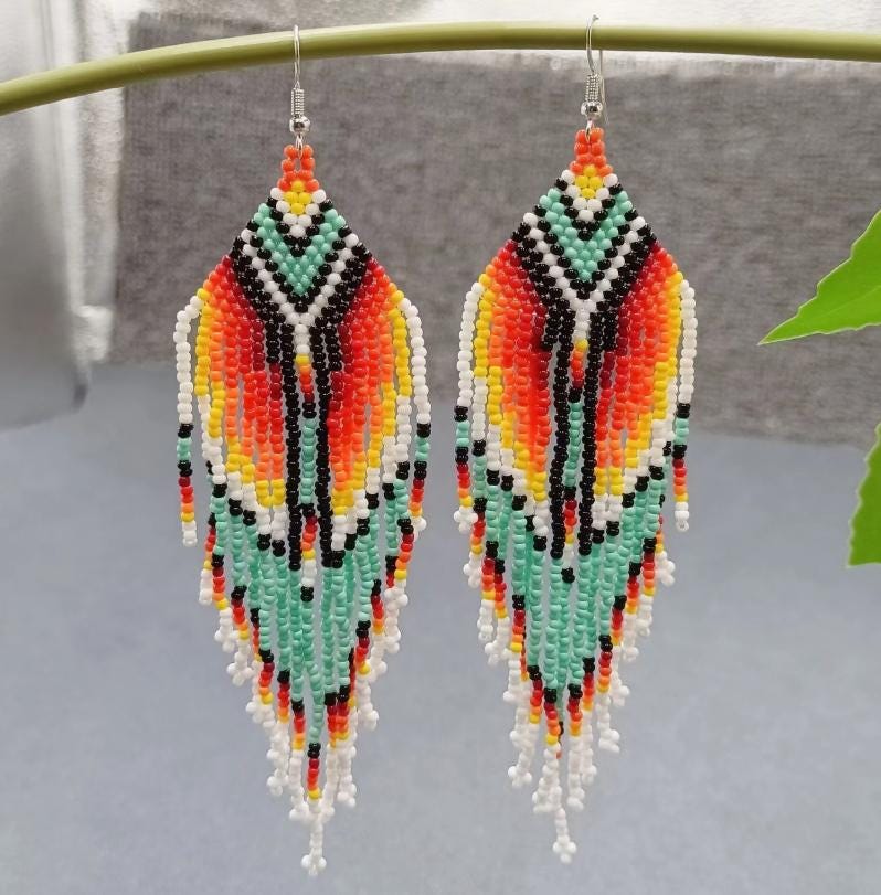 Colorful Seed Bead Fringe Earrings, Boho statement, Southwestern Style, festival