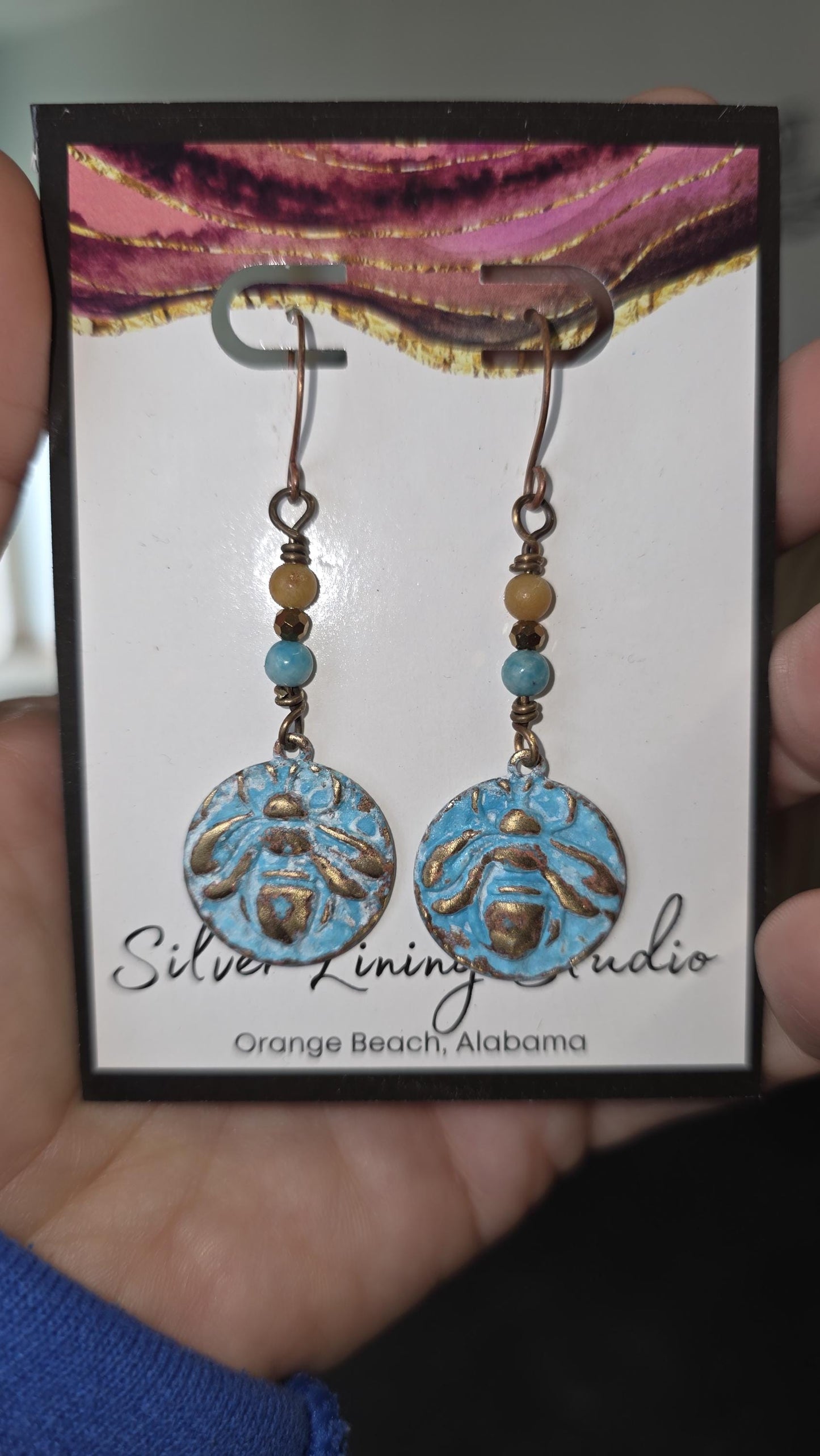 Turquoise Bee Earrings, Boho Dangle Earrings, Rustic Patina Brass Jewelry, Coastal Hippie Earrings, Artisan Gift for Her, Beachy Jewelry