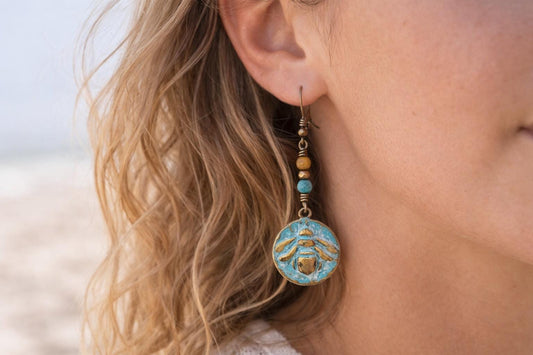 Turquoise Bee Earrings, Boho Dangle Earrings, Rustic Patina Brass Jewelry, Coastal Hippie Earrings, Artisan Gift for Her, Beachy Jewelry