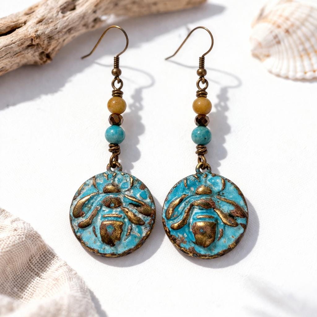 Turquoise Bee Earrings, Boho Dangle Earrings, Rustic Patina Brass Jewelry, Coastal Hippie Earrings, Artisan Gift for Her, Beachy Jewelry