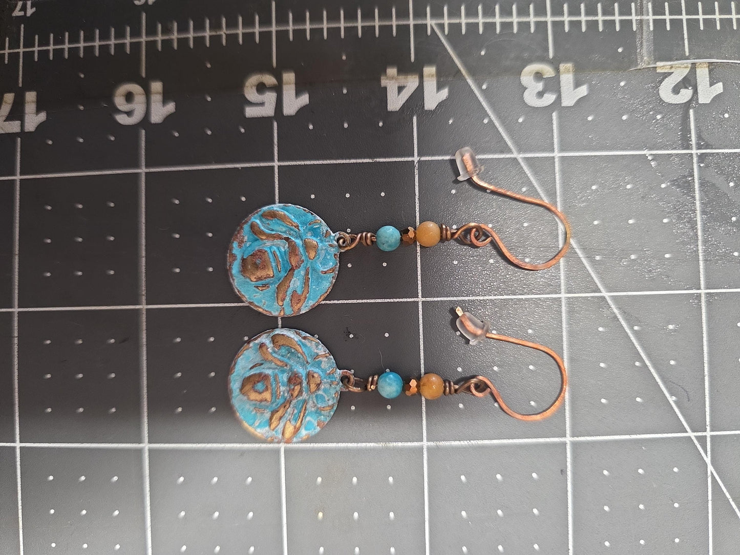 Turquoise Bee Earrings, Boho Dangle Earrings, Rustic Patina Brass Jewelry, Coastal Hippie Earrings, Artisan Gift for Her, Beachy Jewelry