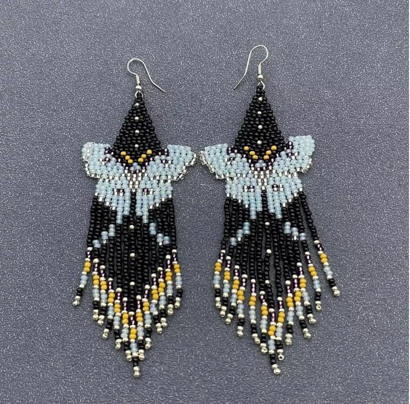 Retro butterfly, moth, bohemian, seed bead fringe earrings