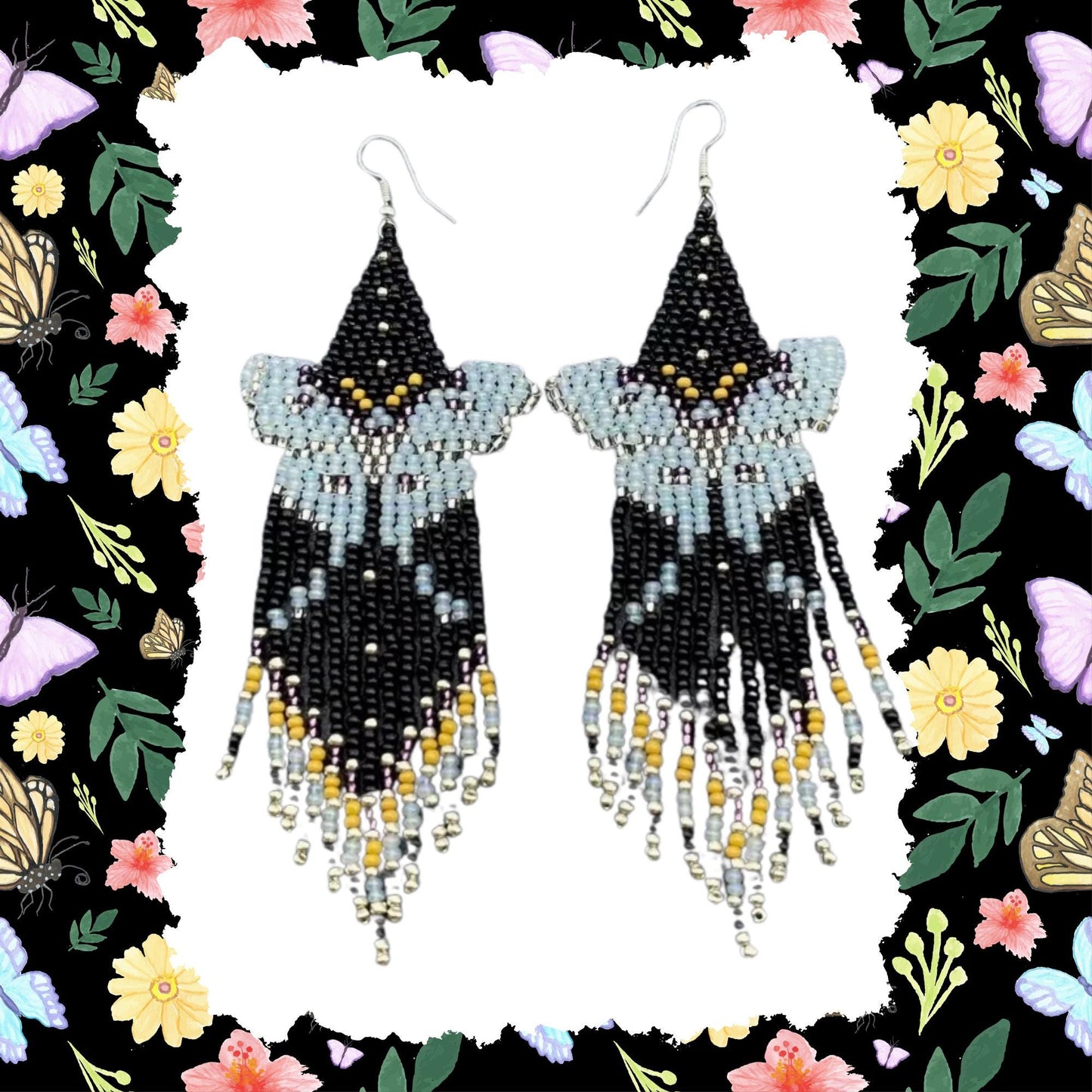 Retro butterfly, moth, bohemian, seed bead fringe earrings