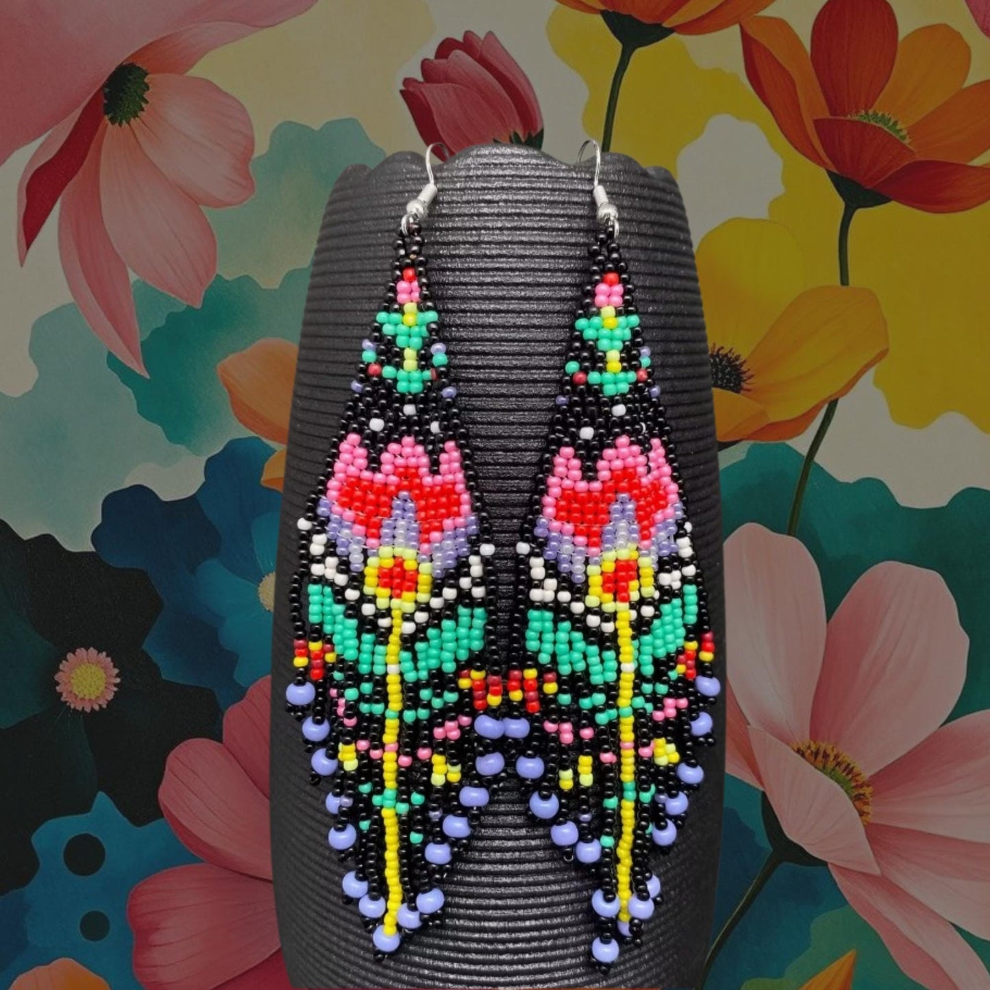 Retro rose, flower, bohemian, Scarlet Begonia seed bead fringe earrings