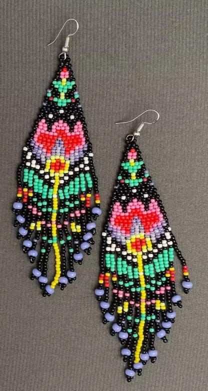 Retro rose, flower, bohemian, Scarlet Begonia seed bead fringe earrings