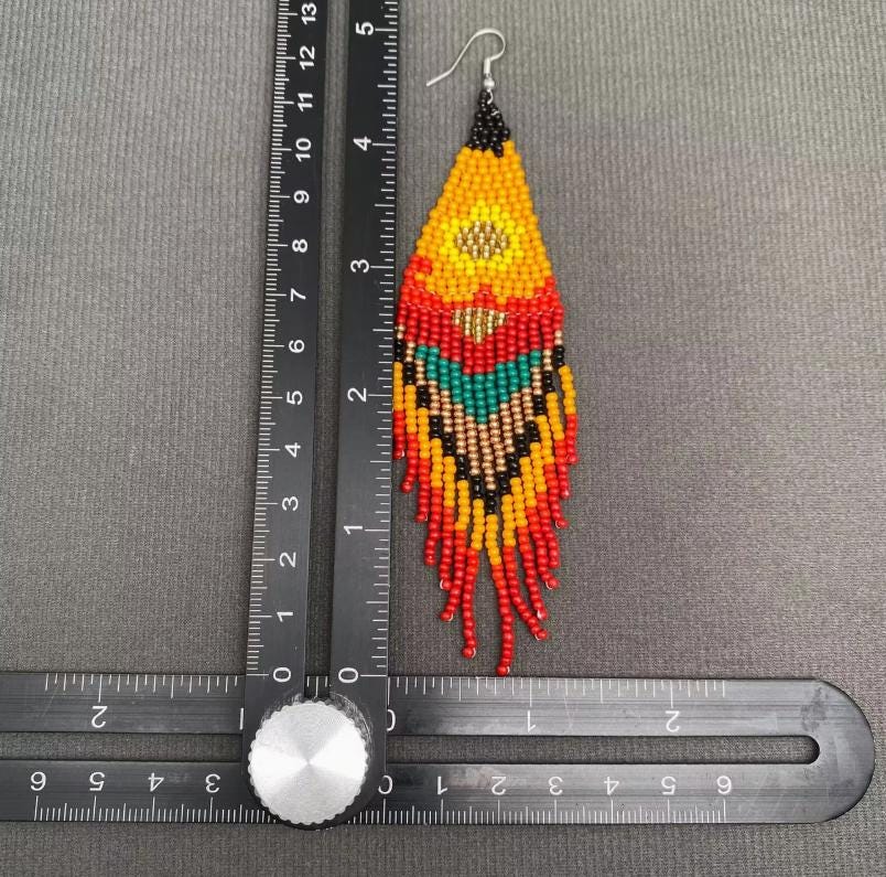 retro sun, bohemian, seed bead fringe earrings