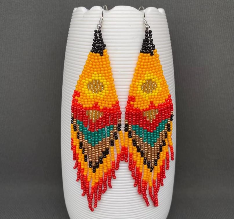 retro sun, bohemian, seed bead fringe earrings