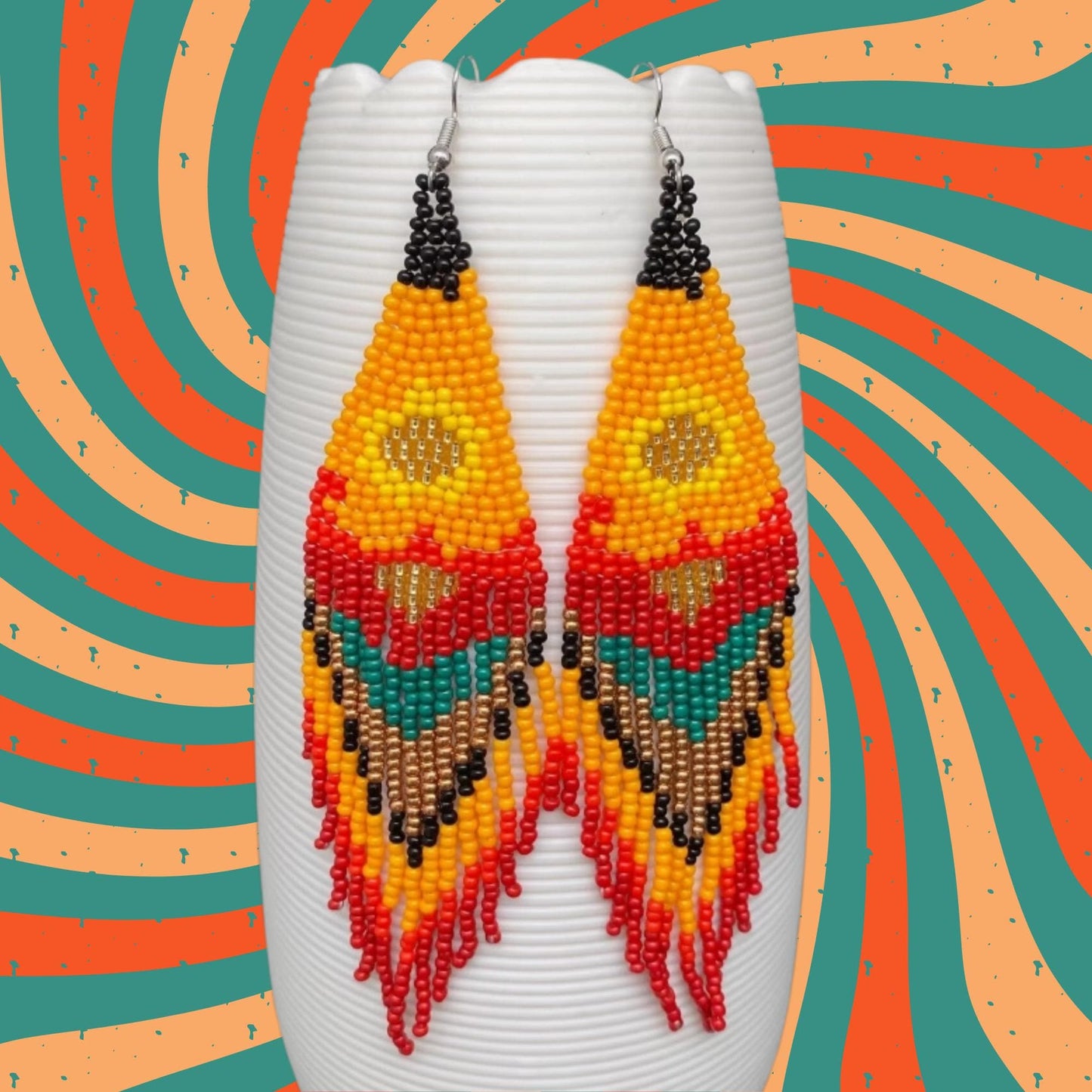 retro sun, bohemian, seed bead fringe earrings