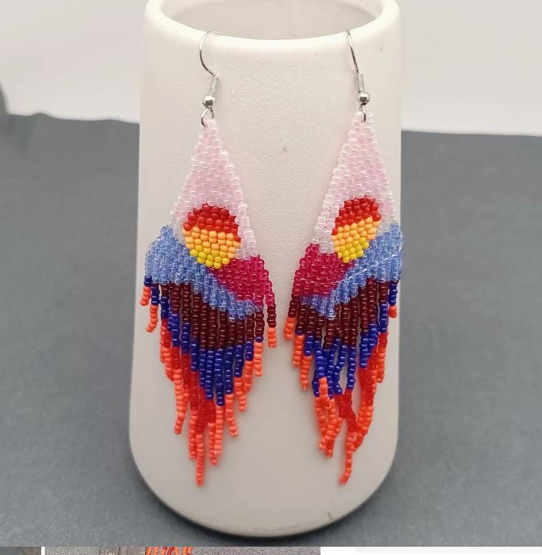 retro sunset, bohemian, seed bead fringe earrings