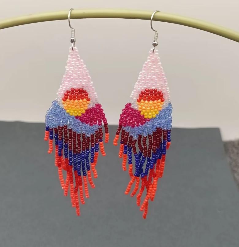 retro sunset, bohemian, seed bead fringe earrings