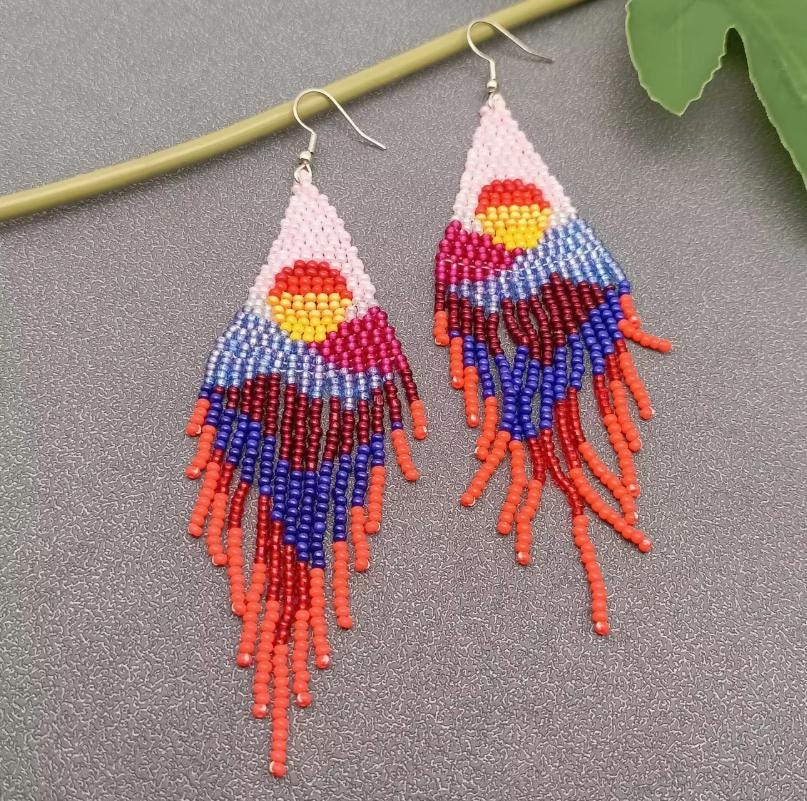 retro sunset, bohemian, seed bead fringe earrings