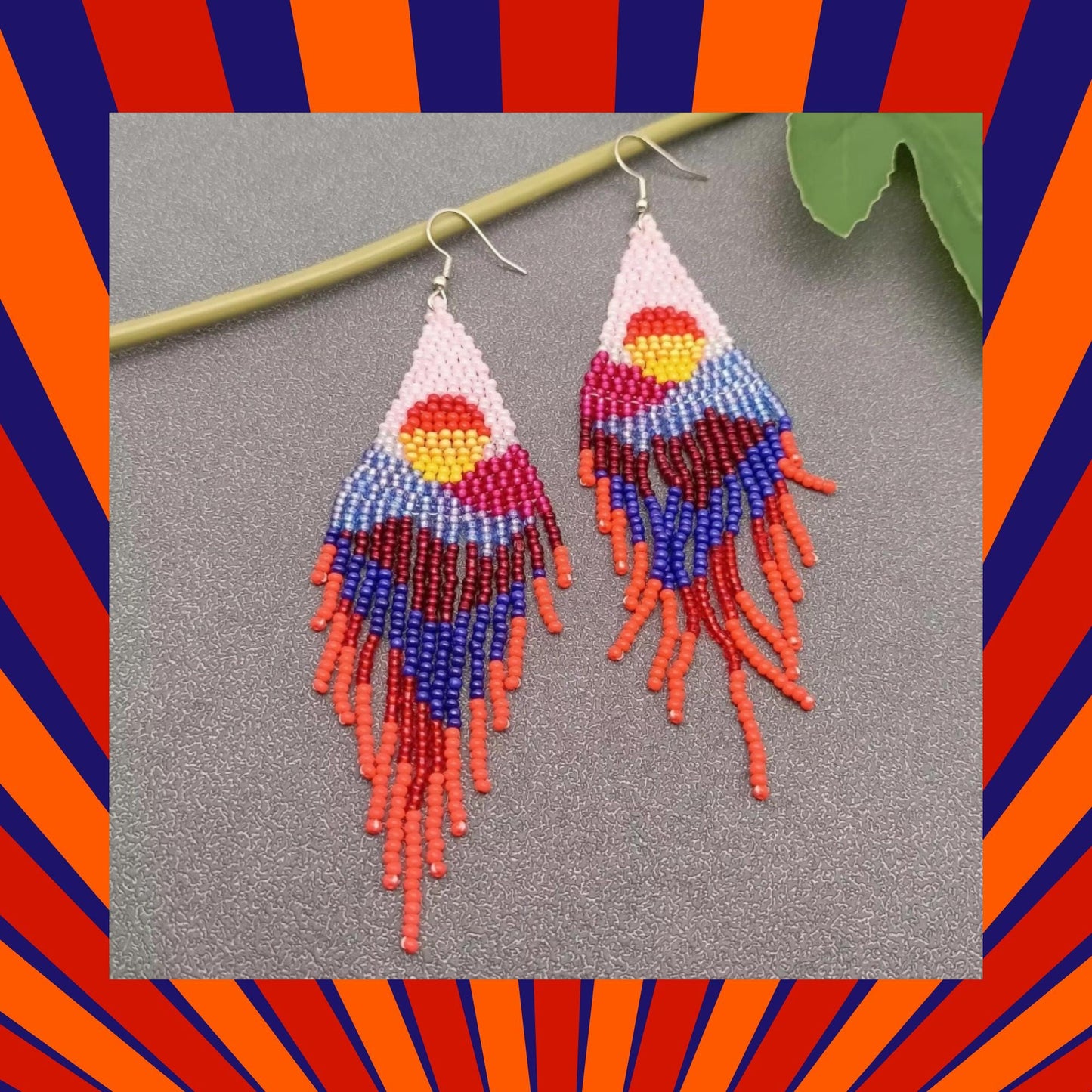 retro sunset, bohemian, seed bead fringe earrings