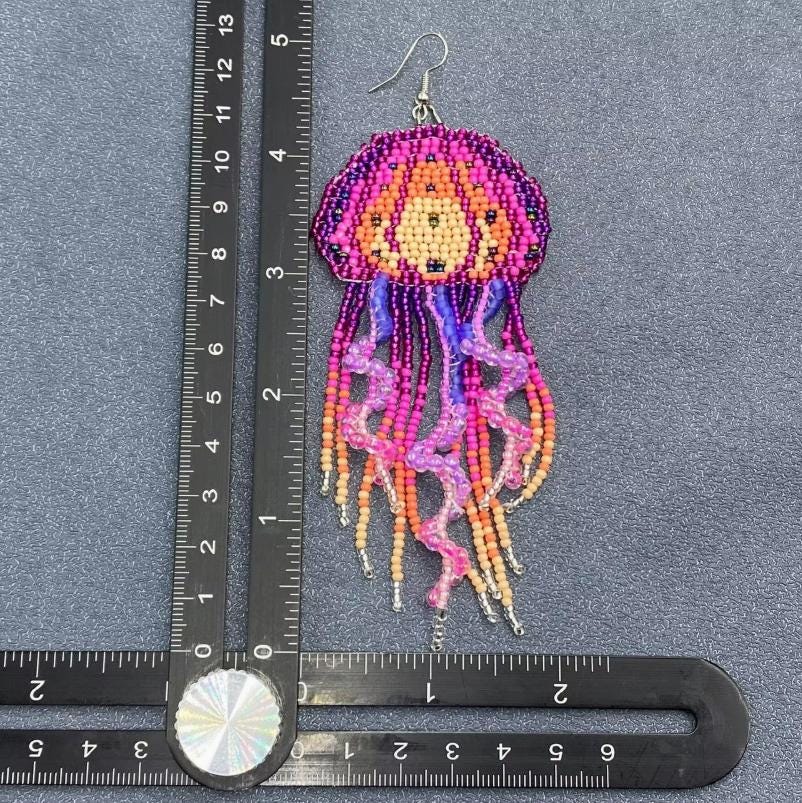 Pink and purple jellyfish bohemian, seed bead fringe earrings
