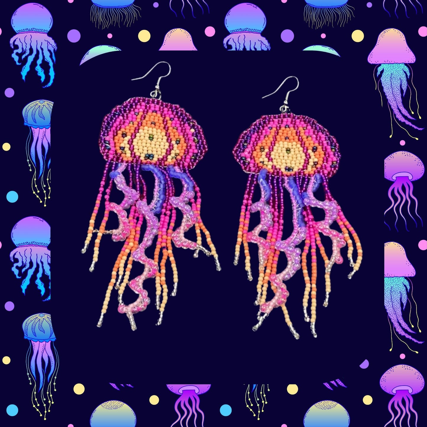 Pink and purple jellyfish bohemian, seed bead fringe earrings