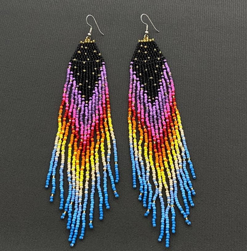 retro, bohemian, colorful, rainbow seed bead fringe earrings