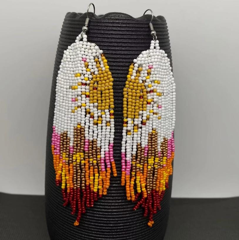 Natural see bead fringe earrings, boho statement earrings, long beaded fringe, western jewelry, sunset color, gift for her